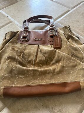 Coach Tan Canvas Tote with Brown Leather Trim